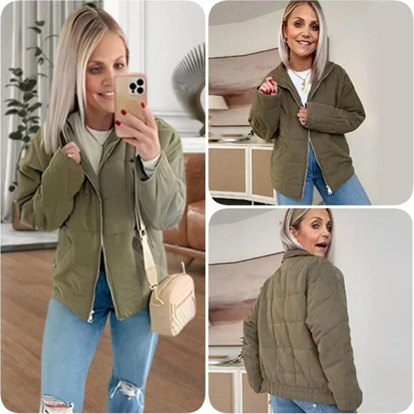 Womens Dolman Quilted Lightweight Jackets Full-zip Stand Collar Loose Warm Winte